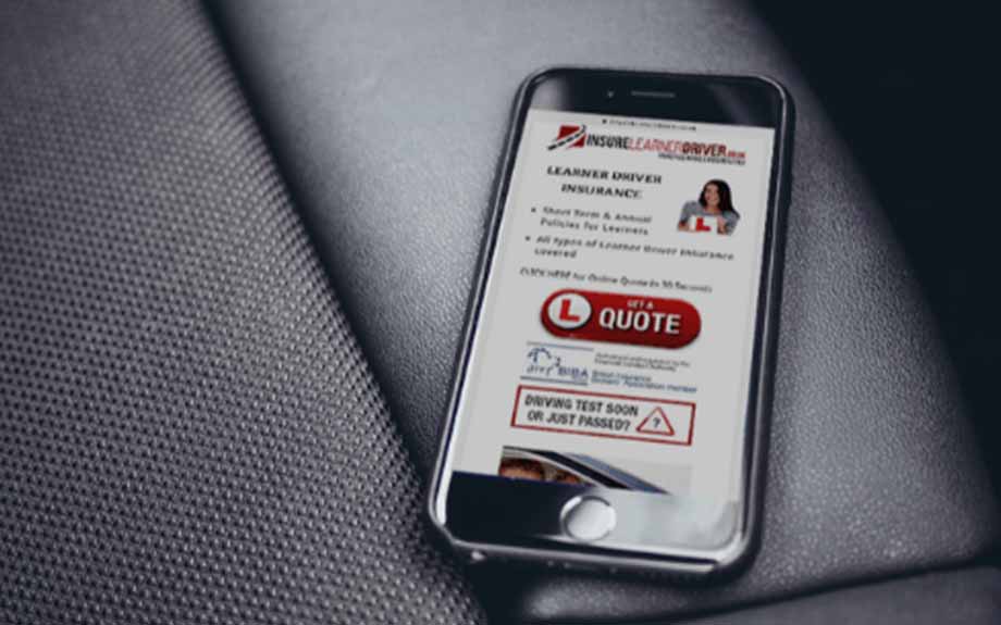 InsureLearnerDriver website open on a smart phone as insurance is available to purchase online to learner drivers. 