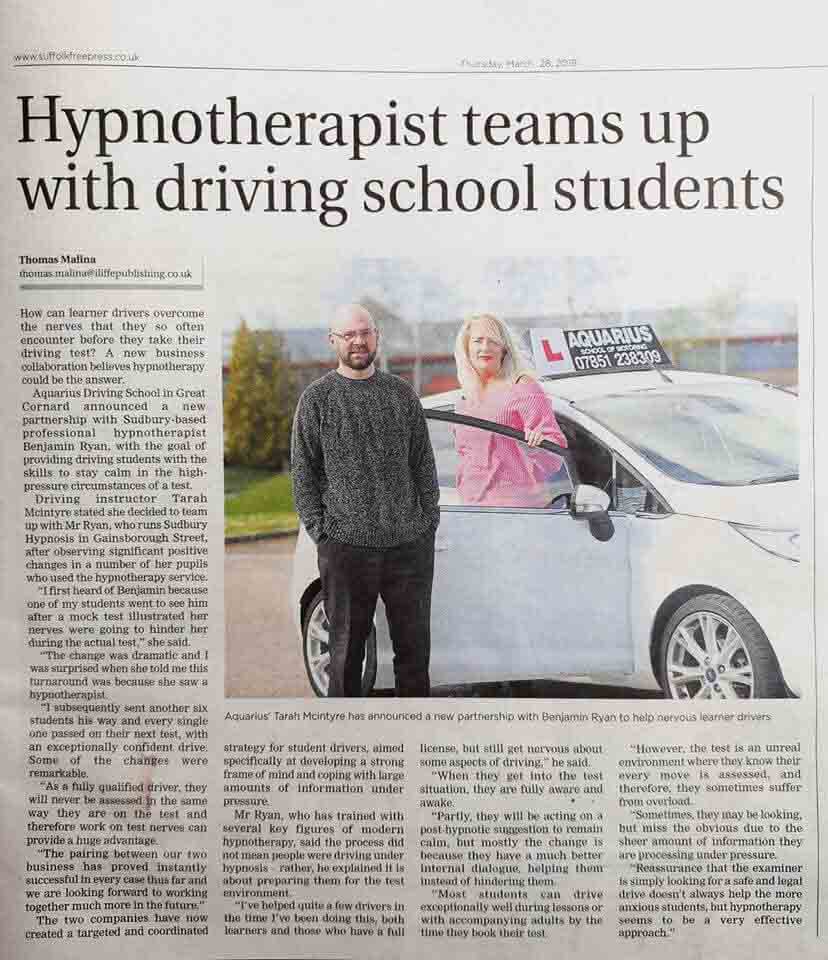 News paper clipping of hypnotherapist teaming up with driving schools to help improve driving nerves of learner drivers. 