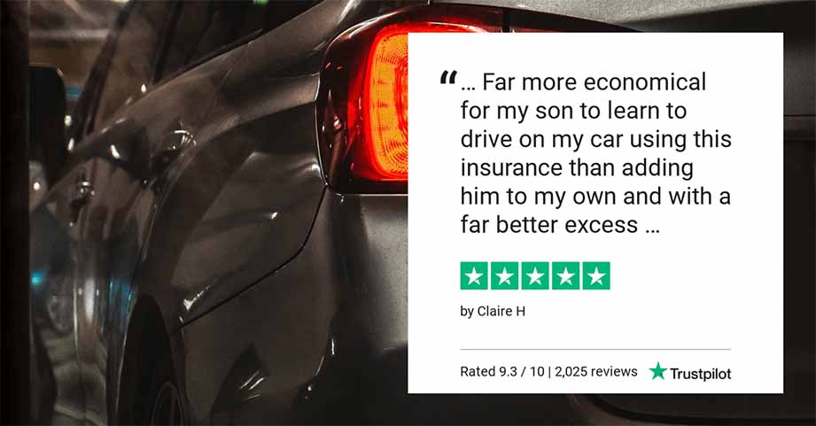 TrustPilot 5 star InsureLearnerDriver graphic stating "Far more economical for my son to learn to drive on my car using this insurance than adding him to my own and with a far better excess."