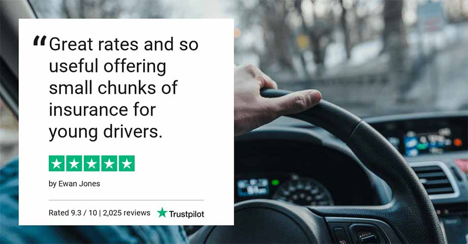 TrustPilot 5 star InsureLearnerDriver graphic stating "Great rates and so useful offering small chunks of insurance for young drivers."
