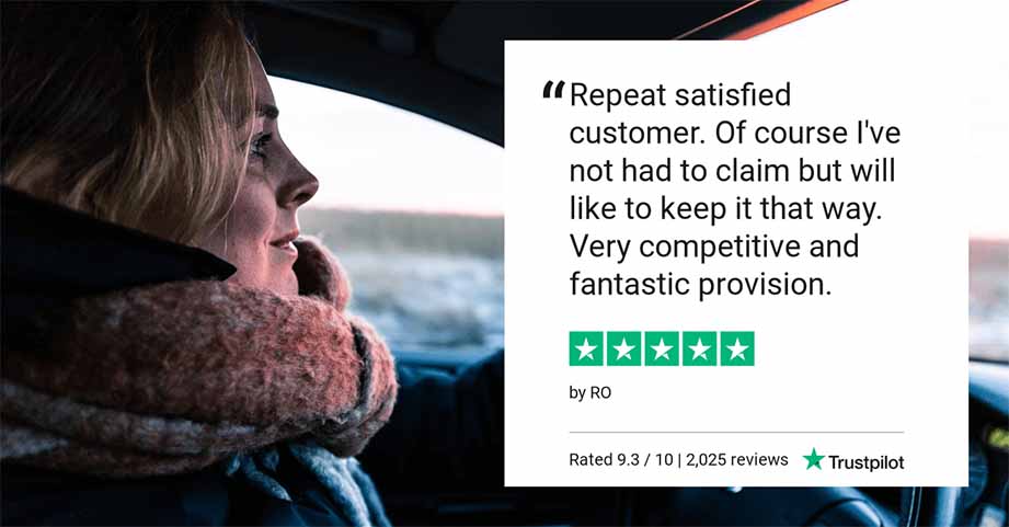 TrustPilot 5 star InsureLearnerDriver graphic stating "Repeat satisfied customer. Of course I've not hat to claim but will like it keep it that way. Very competitive and fantastic provision. 