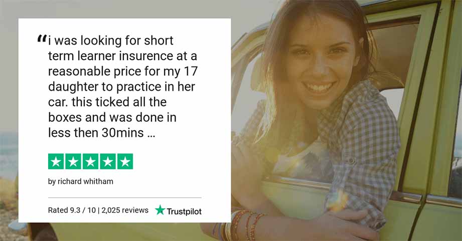 TrustPilot 5 star InsureLearnerDriver graphic stating "I was looking for a short term learner insurance at a reasonable price for my 17 daughter to practice in her car. This ticked all the boxes and was done in less than 30 mins."