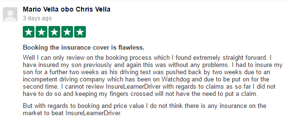 5 star review of insurelearnerdriver by mario vella on trust pilot